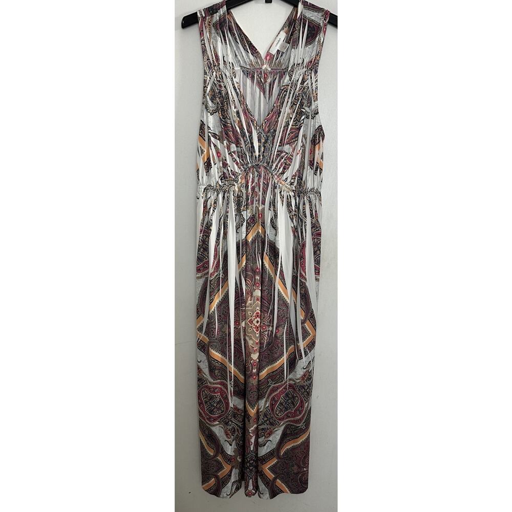 CJ Banks Women’s Brown Geometric V Neck Jersey Maxi Dress 1X Beaded Neckline